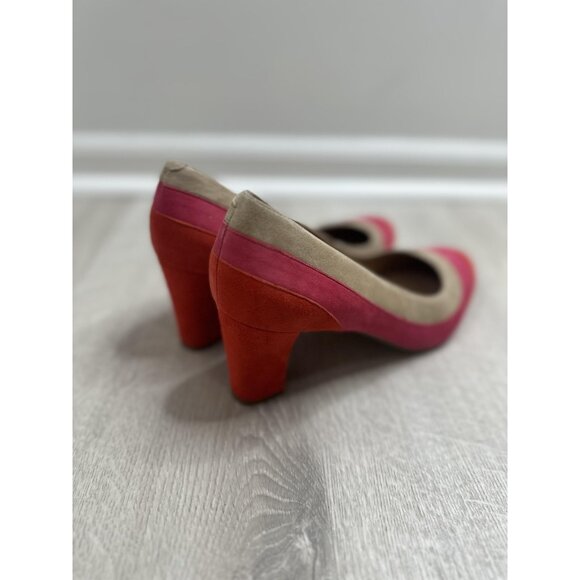 Talbots Shoes Womens Size 8.5 B Suede Pumps Pink Red Tan Block Heel Cap Toe - Picture 5 of 9